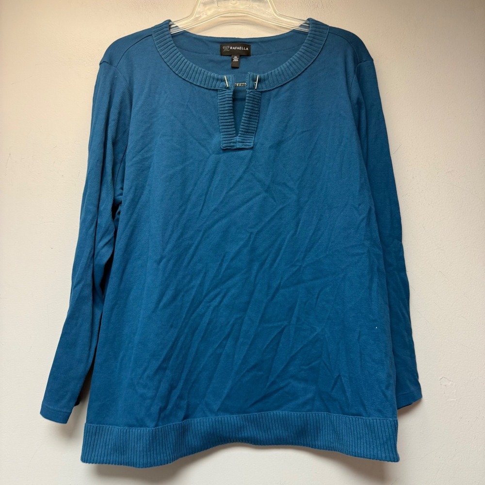 Rafaella Top Women 2XL Teal Excellent Ribbed Split Neck Chain Detail Long Sleeve